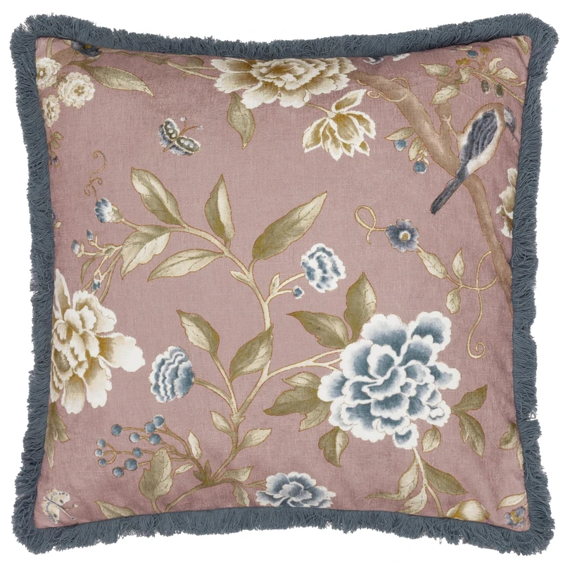Sanderson Porcelain Garden Feather Filled Cushion – Chenille Peony Bird Decorative Accent Pillow with Cotton Fringe (Blush - 50x50cm)