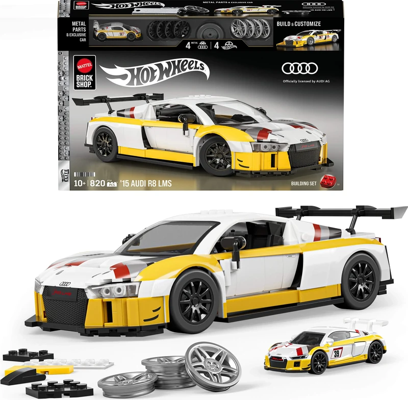 Mattel Brick Shop Hot Wheels Elite Series Building Set, ’15 Audi R8 LMS with 820 Pieces, Realistic Details and Custom Decals, Adult Collectors and Kids Ages 10+, JFT18