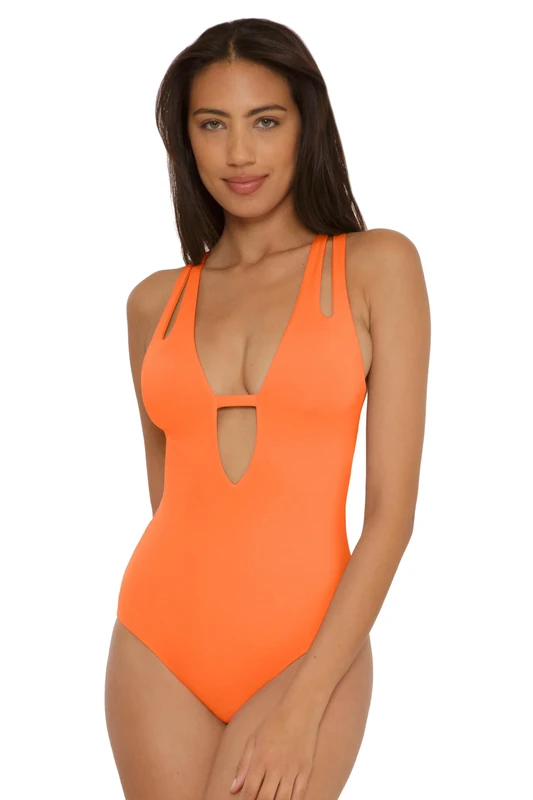 Becca Women's Color Prism One Piece Swimsuit, Cut-Out, Adjustable, Bathing Suits, Poppy, XL