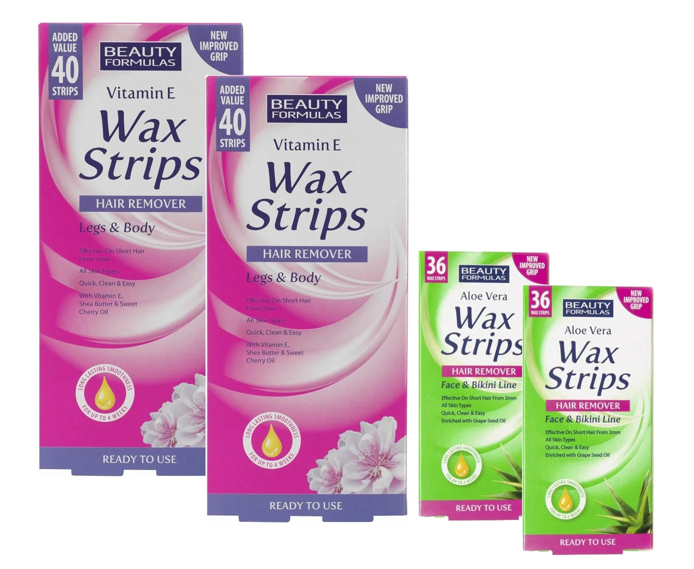 Beauty Formulas Wax Strips -152 Strips | Aloe Vera x 72 & Vitamin E x 80 –– Hair Remover for Face, Bikini Line, Legs, Arms, Underarms & Body – For All Skin Types