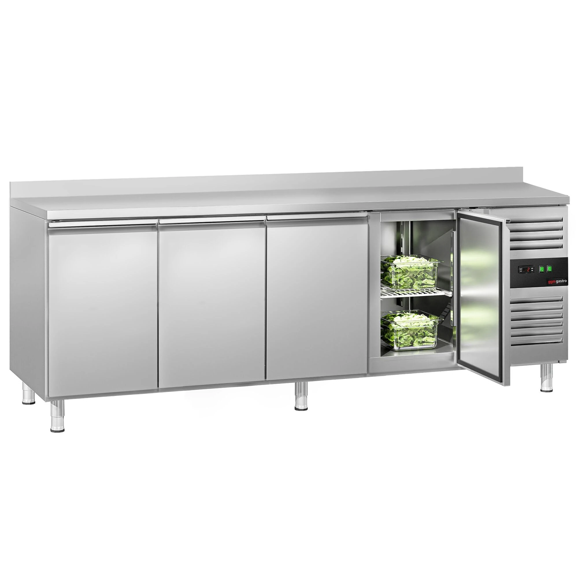 GGM Gastro Commercial Refrigerated Counter Fridge, 553L Capacity, 223x70x95cm, 4-Door Configuration, Airflow Defrost System, Stainless Steel AISI 304, with Upstand