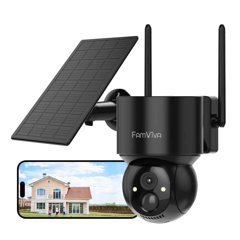 FAMVIVA 2K Solar Security Cameras Wireless Outdoor, 360°PTZ Battery Powered Cameras for Home Security, 2.4G WiFi Outdoor Camera with Color Night Vision, IP66 Waterproof, Motion Sensor Alarm, Black