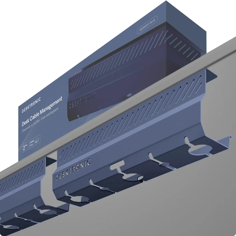 Desktronic Cable Duct Dark Blue Set of 2 - Stainless Steel Cable Management Desk Cable Duct with 5 Cable Cut-Outs, Easy to Install Cable Organiser - Cable Holder