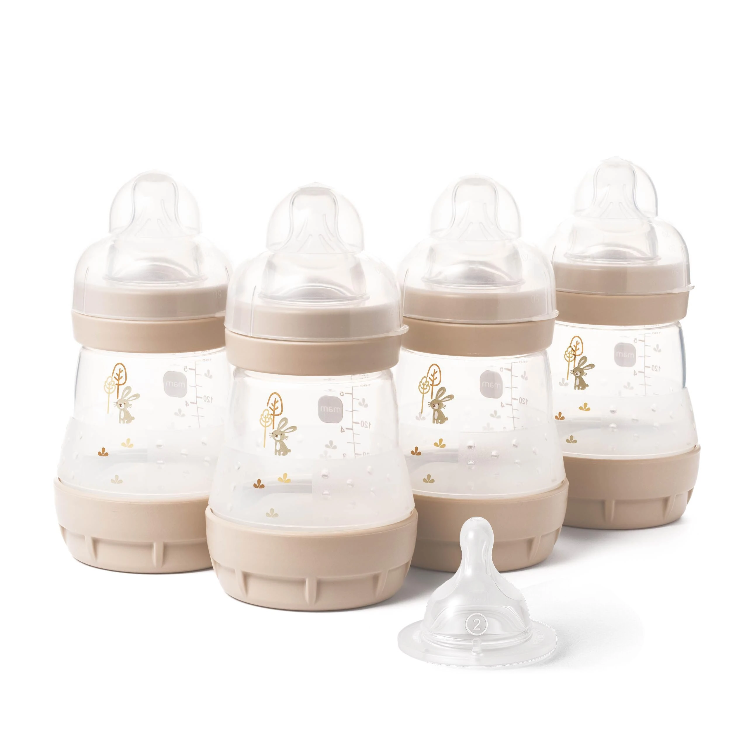 MAM Easy Start Anti-Colic Baby Bottles | 4 Pack (4X 160ml) | Self-Sterilising Baby Milk Bottle | Slow Flow MAM Teats Size 1 + 1x Medium Flow Teat Size 2 | Unisex (Various Designs)