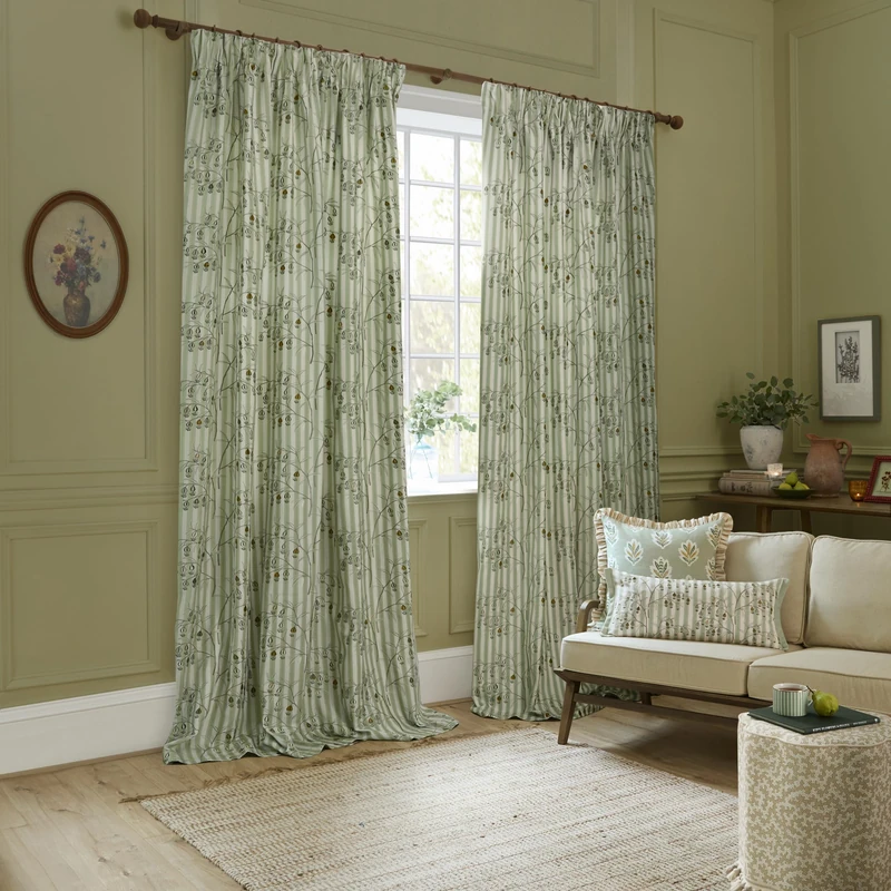 Sanderson Chinese Lanterns Room Darkening Pencil Pleat Curtain Pair– Floral Embroidered Striped Lined Drapes (Sage - 168x183cm)
