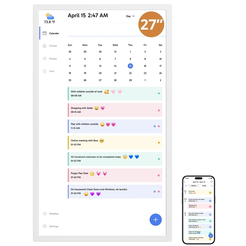 2026 Digital Calendar, 27 Inch Electronic Calendar Planner for Chore Chart and Home Organization, Interactive Touch Screen Desktop & Wall Mountable, a Gift for Families, White