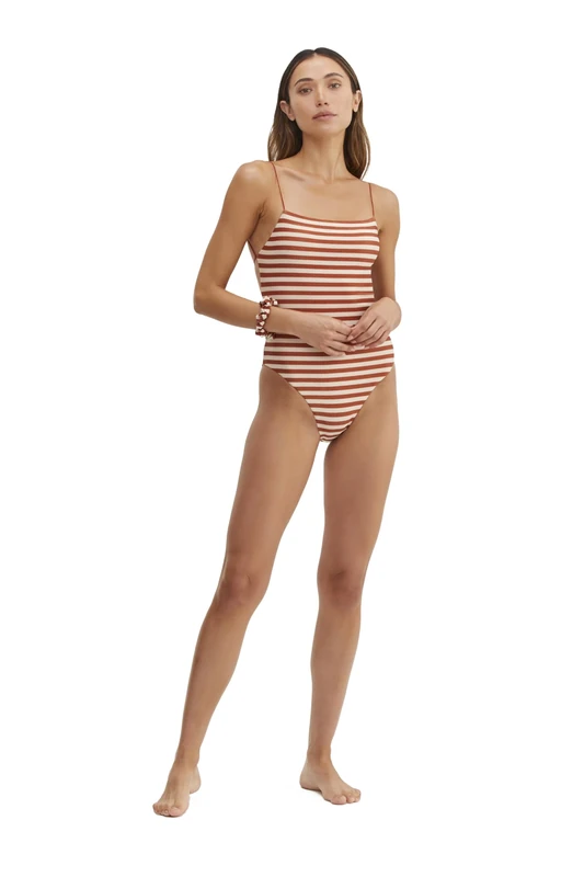 Gottex Women's Golden Hour Texture Lurex Round Neck One Piece Swimsuit, Terracotta Ivory, 16