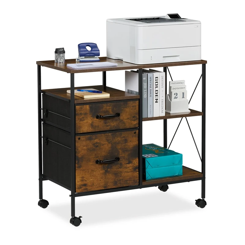 Relaxdays Mobile Filing Cabinet, 2 Drawers & 3 Shelves, Suspension Files, 75.5x76.5x40 cm, Office Cart, Brown/Black