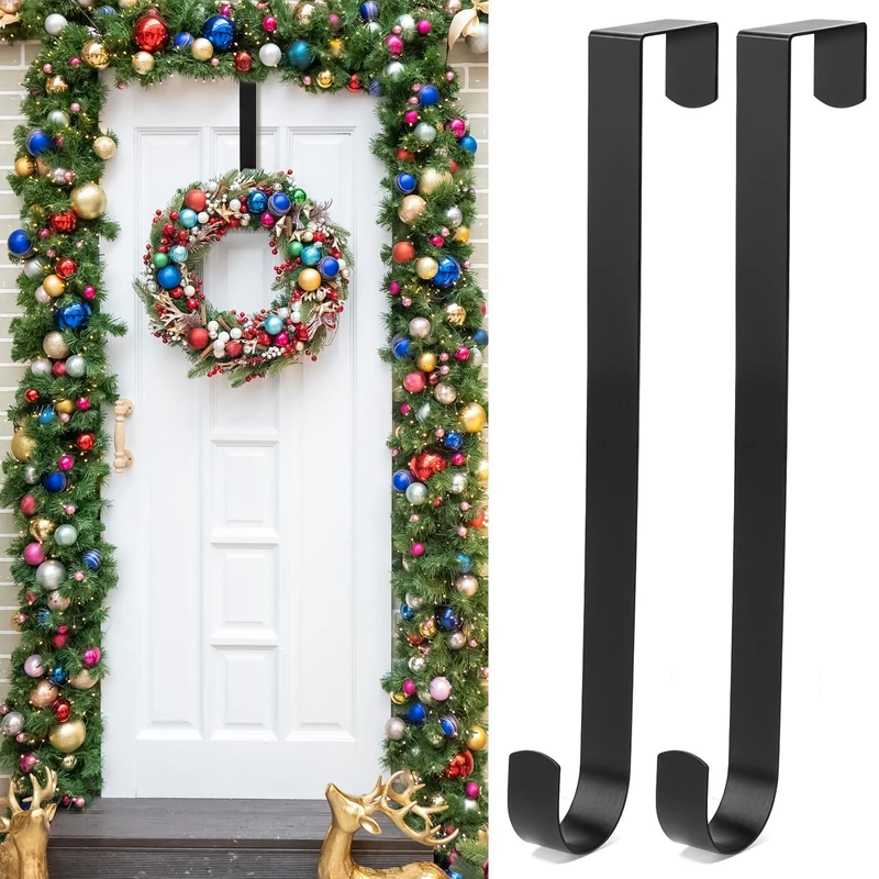 Dntorx Christmas Wreath Hanger, 12 Inches Christmas Front Door Wreath Hook Hanger Over Door Metal Wreath Hooks Holder for Christmas Wedding Wreaths Home Decorations(2 Pack)