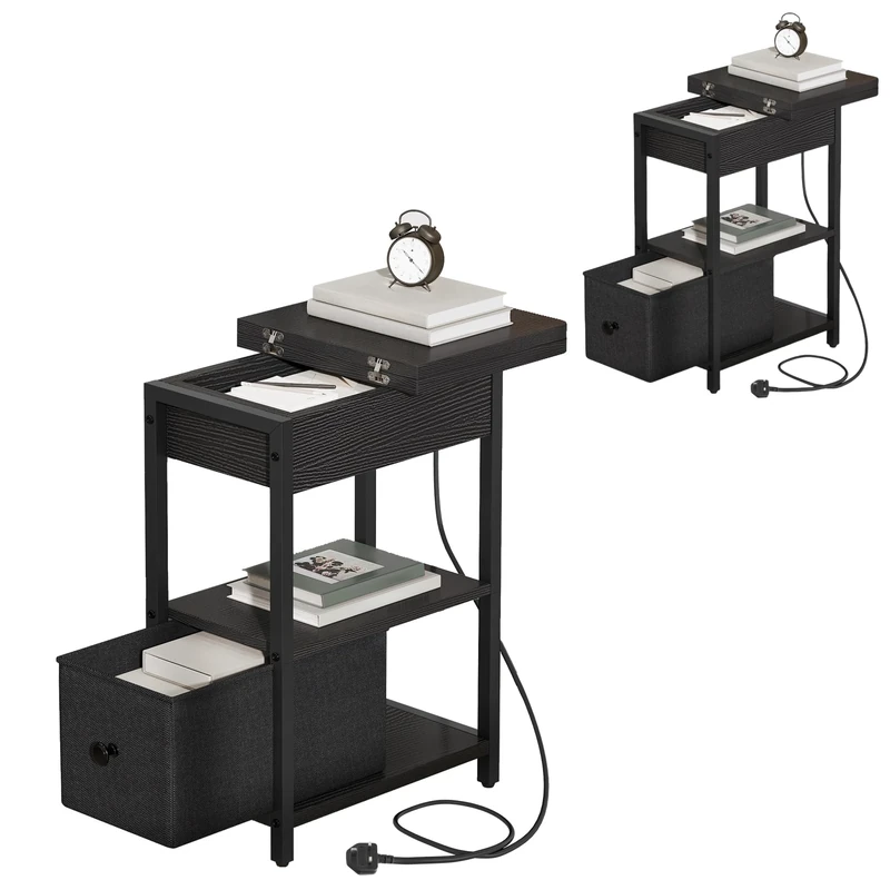 YITAHOME Set of 2 Narrow Side Tables with Charging Station and LED, Slim Side Table with Drawer, Bedside Table with USB Ports Outlets Sofa Table Nightstand for Living Room, Black