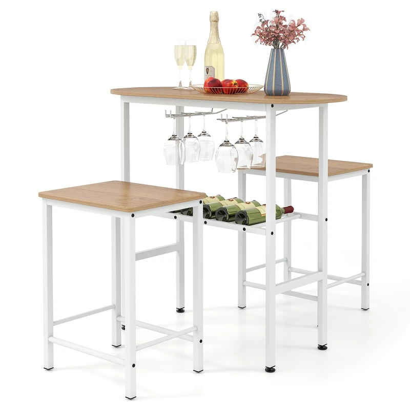 FANTASK Bar Table Holders for Wine Glasses & Bottles, Bar Table Set, 2 Person Bar Stool Set with Kitchen Counter, Home Bar for Living Room, Dining Room and Kitchen (White)