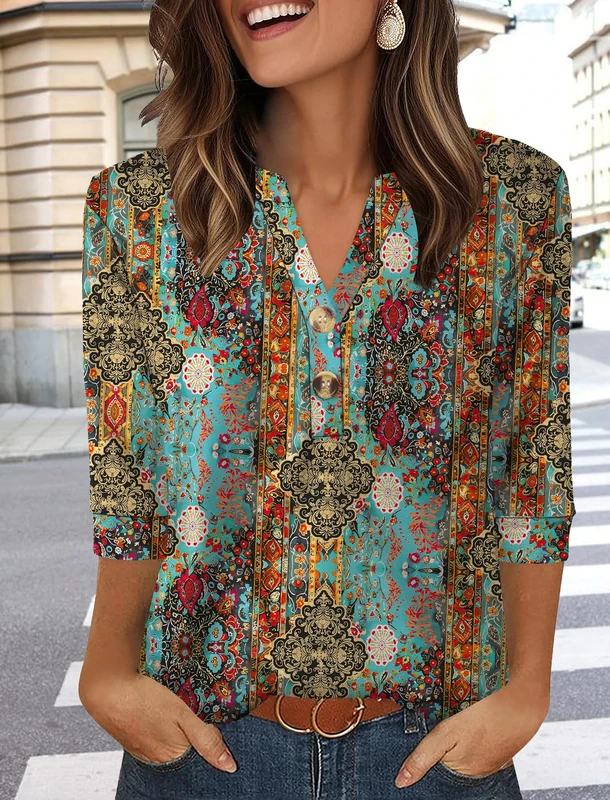 Womens Tops 3/4 Sleeve Shirts for Women Summer Fashion 2025 Blouses Beach Vacation Clothes, Figure, Medium