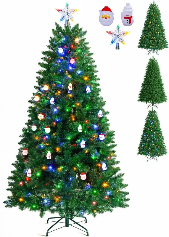 Prelit Christmas Tree, Artificial Holiday Xmas Tree 6ft 1400 Branch Tips, 9 Lighting Modes Multicolour 350 LED Lights, Multiple Decorative Accessories, Slim PVC Xmas Tree for Holiday Decor