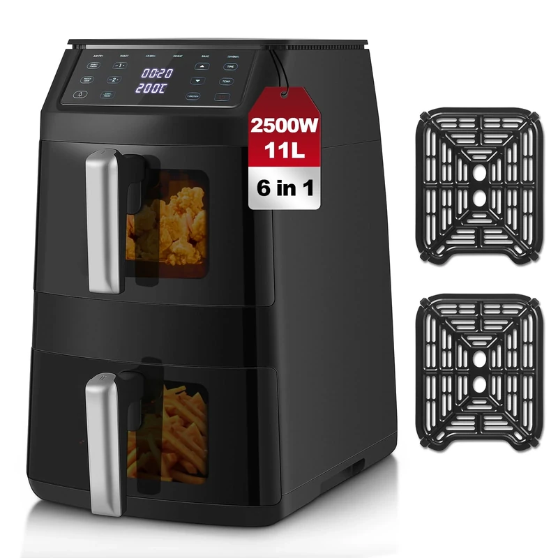TopStrong Dual Air Fryer, Double Stack Air Fryer with Visual Window, 6 Functions-Air Fry, Air Roast, Bake, Broil, Reheat, Dehydrate, Dishwasher Safe Non-Stick Baskets, 2500W, Family Size(11L)