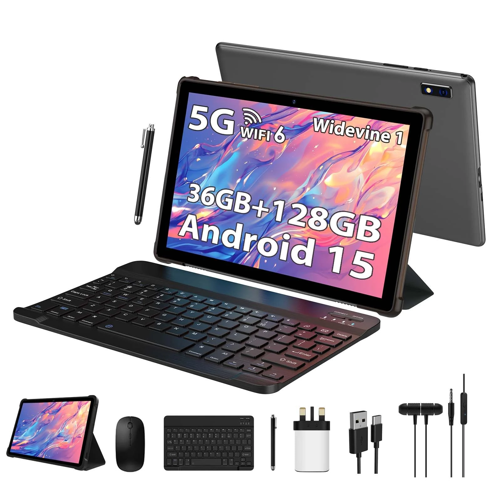 LINROM Tablet 10 inch Android 15, 36GB RAM, 128GB ROM (TF 1TB), 1080P Widevine L1, 5G WiFi Octa-Core, 8000mAh, 5MP+8MP, Tablet with Keyboard|Mouse|Case|Earphone-Grey