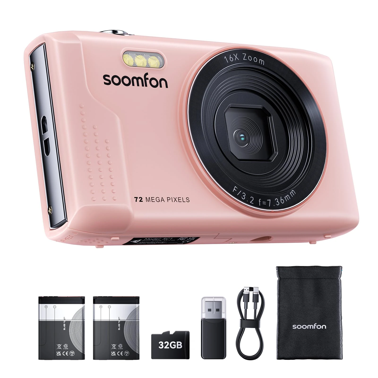 SOOMFON Digital Camera, Max 72MP Compact digital Camera with 2.8'' Screen, 16X Digital Zoom Pink Camera digital with 32GB SD Card & 2 Batteries – Perfect for Kids, Teens, Beginners, Travel & Daily Use