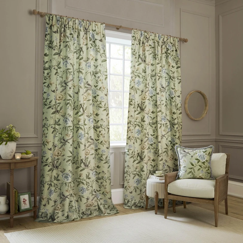 Sanderson Porcelain Garden Room Darkening Pencil Pleat Curtain Pair – Chenille Peony Bird Lined Drapes (Sage - 168x229cm)