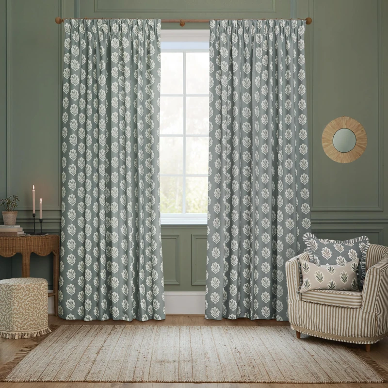 Sanderson Sessile Leaf Room Darkening Pencil Pleat Curtain Pair – Lined Botanical Oak Leaf Drapes (Delph Blue - 117x183cm) - Image 1