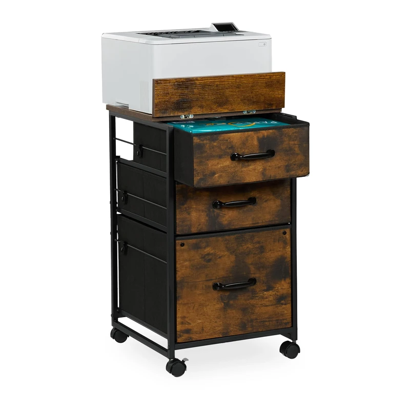 Relaxdays Mobile Filing Cabinet, 3 Drawers, 1 for Suspension Files, Industrial Design, 68x40x40 cm, Office, Brown/Black