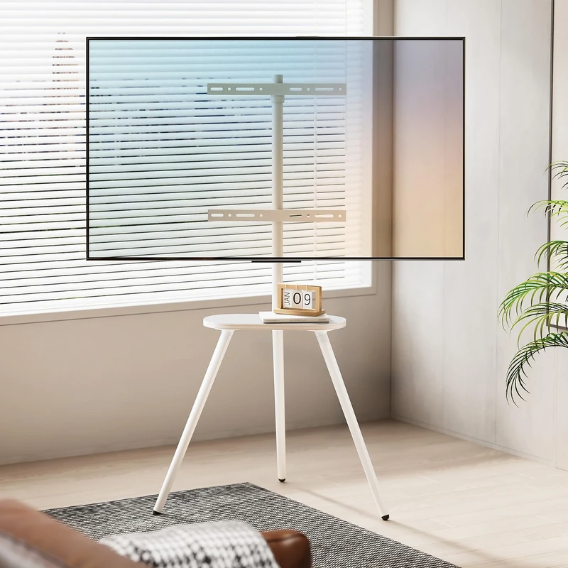 ECOTINY TV Easel Tripod Stand for 43-65 Inch, Portable, Swivel & Height Adjustable Floor Stand with Wooden Tray, Supports Up to 35kg, Ideal for Bedroom, Living Room (WHITE)