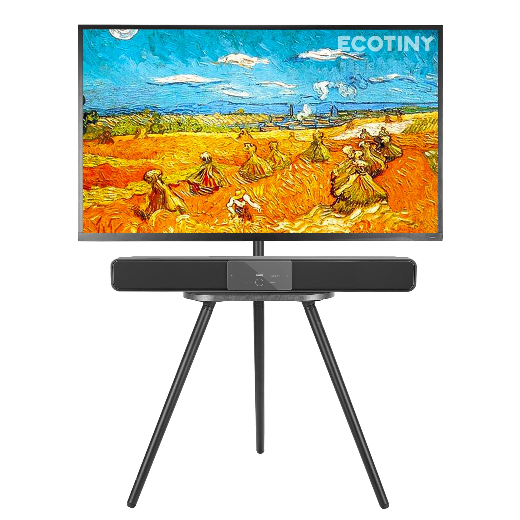 ECOTINY Easel Tripod TV Stand for 43-65 Inch, Portable, Swivel & Height Adjustable Floor Stand with Wooden Tray, Supports Up to 35kg, Ideal for Bedroom, Living Room, Black (BLACK)