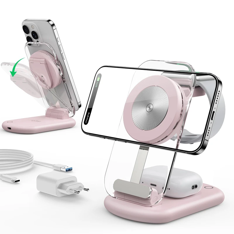Mag Safe Charger, Charging Station and iPhone, 3 in 1 Mag Safe Charging Station Compatible with iPhone 17e 17 16 15 14 13 12 Pro Max/Air/Plus/Pro, for Apple Watch 10/9, Airpods 3/2/Pro, Foldable, Pink