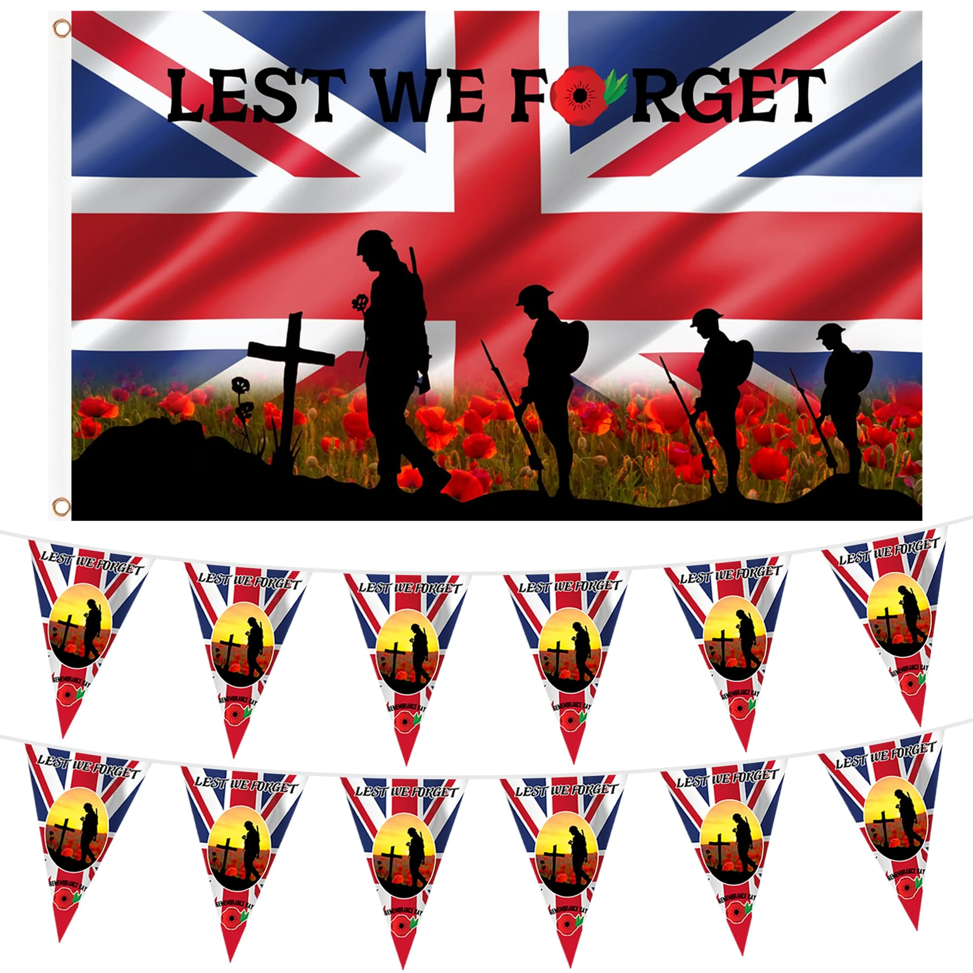 Accjzzlyn Remembrance Day Flag 5ft x 3ft, Lest We Forget Bunting Poppy Bunting 5m for Outdoor Garden Remembrance Day Decorations