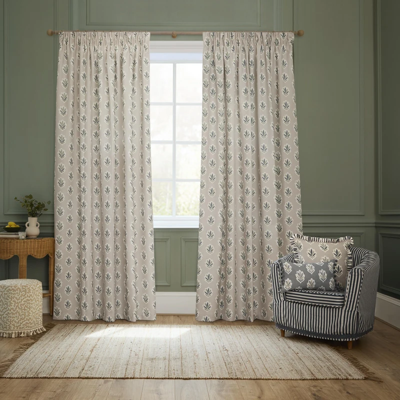 Sanderson Sessile Leaf Room Darkening Pencil Pleat Curtain Pair – Lined Botanical Oak Leaf Drapes (Flax - 229x229cm)
