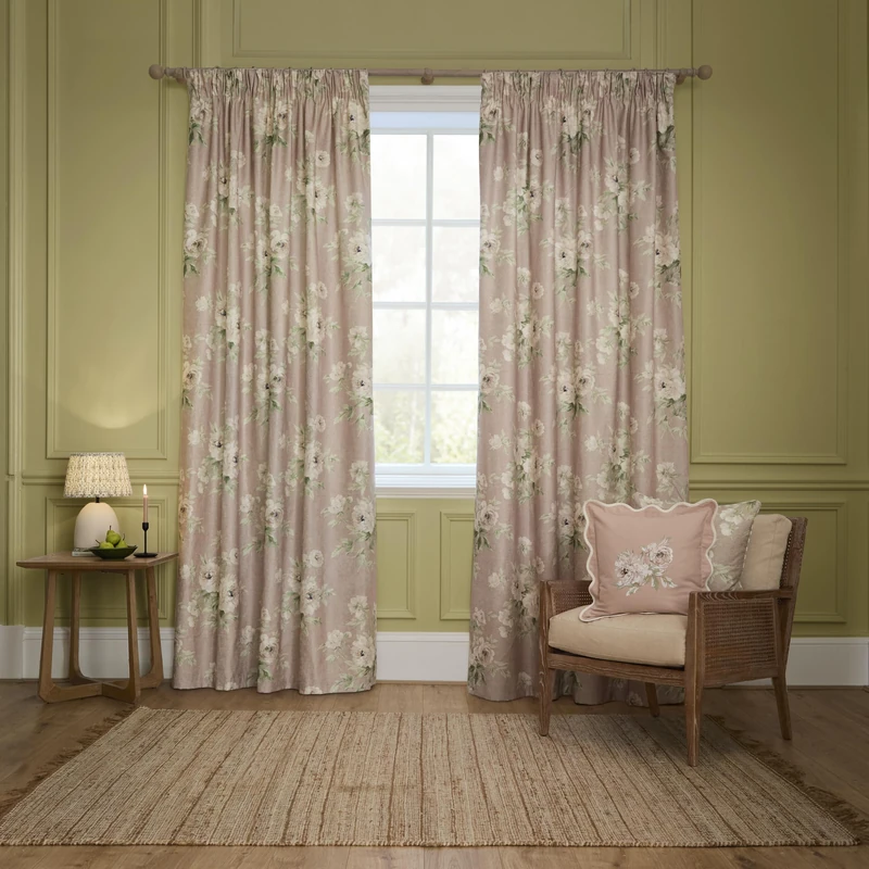 Sanderson Adele Room Darkening Pencil Pleat Curtain Pair – Botanical Floral Peony Lined Chenille Drapes (Rose - 229x229cm)