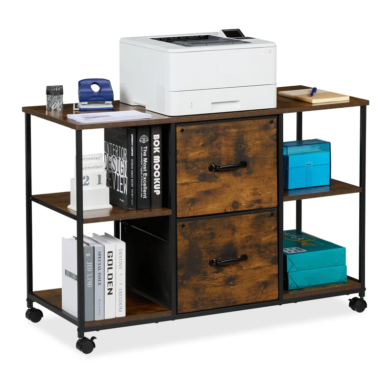 Relaxdays Mobile Cabinet, 2 Drawers & 4 Shelves, Suspension Files, Industrial, 67x100x40 cm, Office, Brown/Black