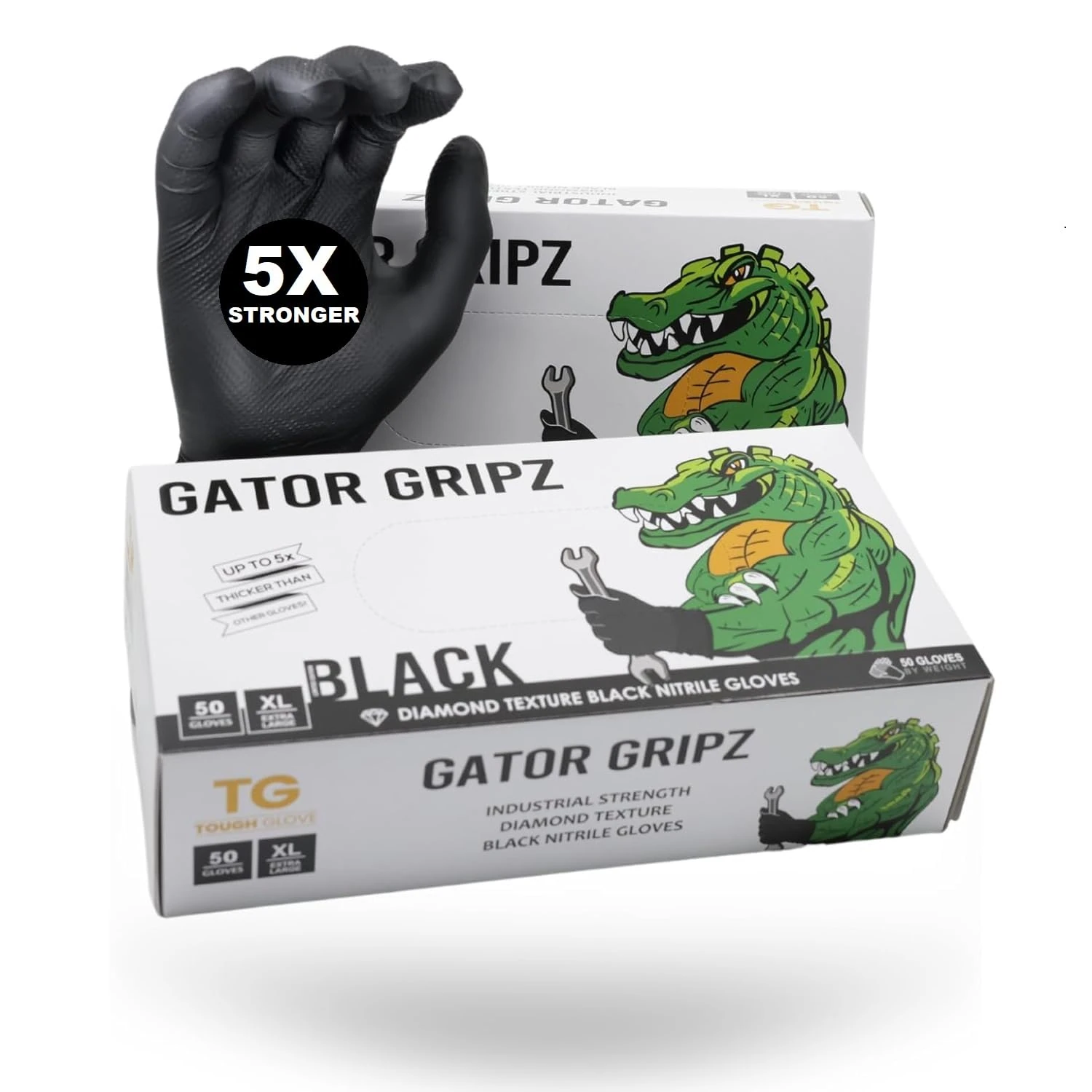 TG TOUGH GLOVE Gator Gripz Nitrile Gloves (Pack Of 50) | Diamond Texture Black Disposable | Powder & Latex Free | Strong Heavy-Duty | S