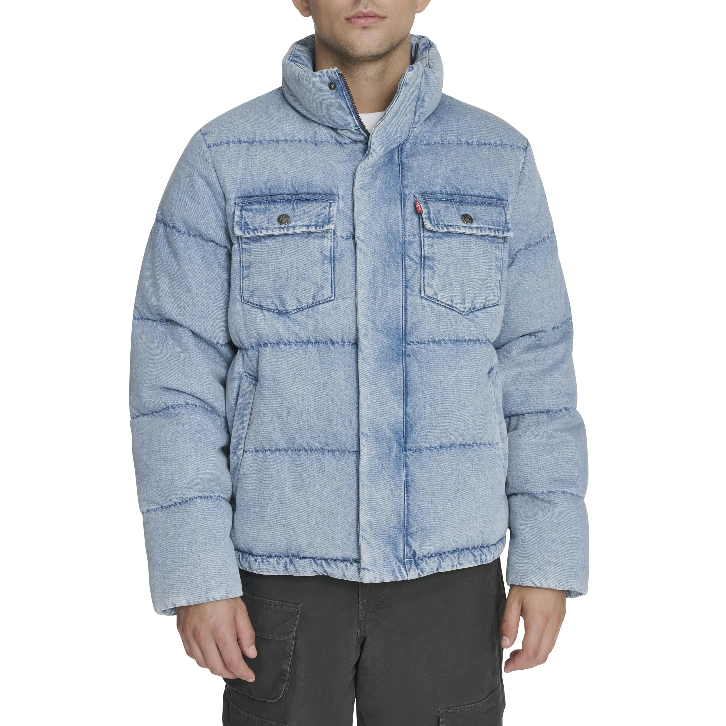 Levi's Men's Mixed Media Quilted Puffer Jacket with Sherpa Lined Collar (Regular and Big & Tall Sizes), Light Wash Denim, Large