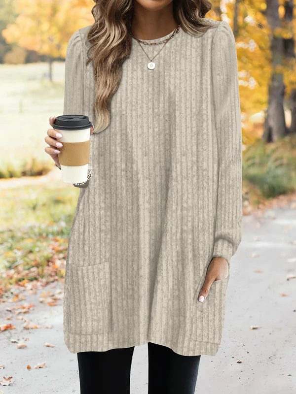 Long Sleeve Shirts for Women Long Sweaters with Pockets Tunic Tops Loose Fit, Beige, XX-Large