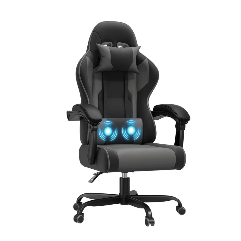 JUMMICO Ergonomic Gaming Chair with Massage Function,Racing Style High Back Reclining 135°, PU Leather Home Office PC Gaming Chair 150 kg - Black Grey