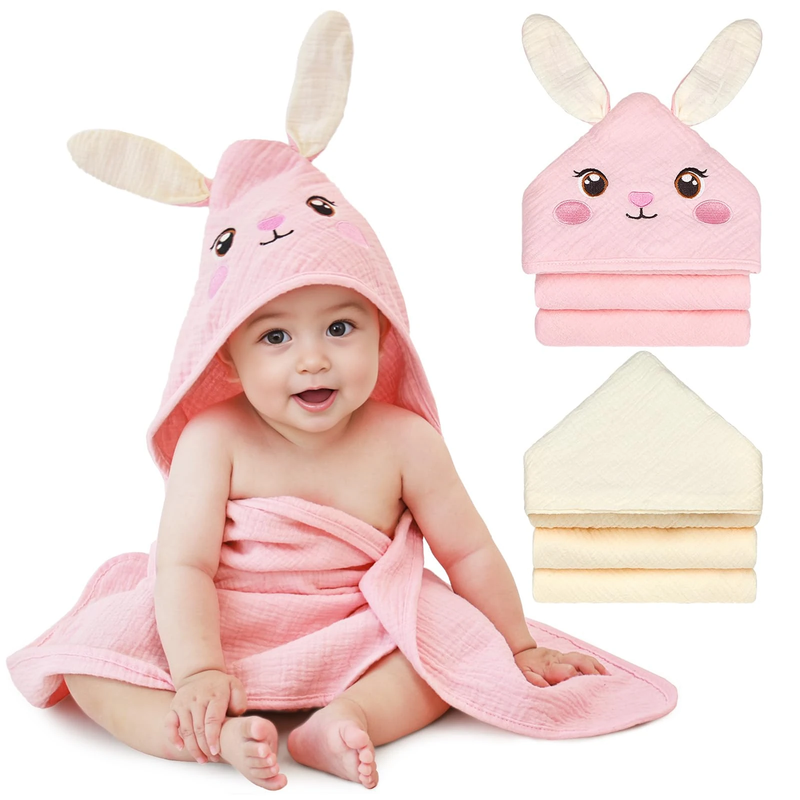 Unicorn Castle Baby Hooded Towel 2 Pack, Absorbent 100% Muslin Baby Bath Towel for Newborns, Soft, 76x76CM,Pink