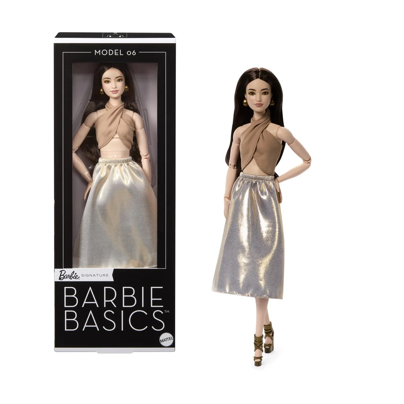 Barbie Basics Model Collector Fashion Doll 06 with Brunette Hair, Shimmery Golden Skirt & Halter, Universal-fit Fashions, Posable Body, JJX25