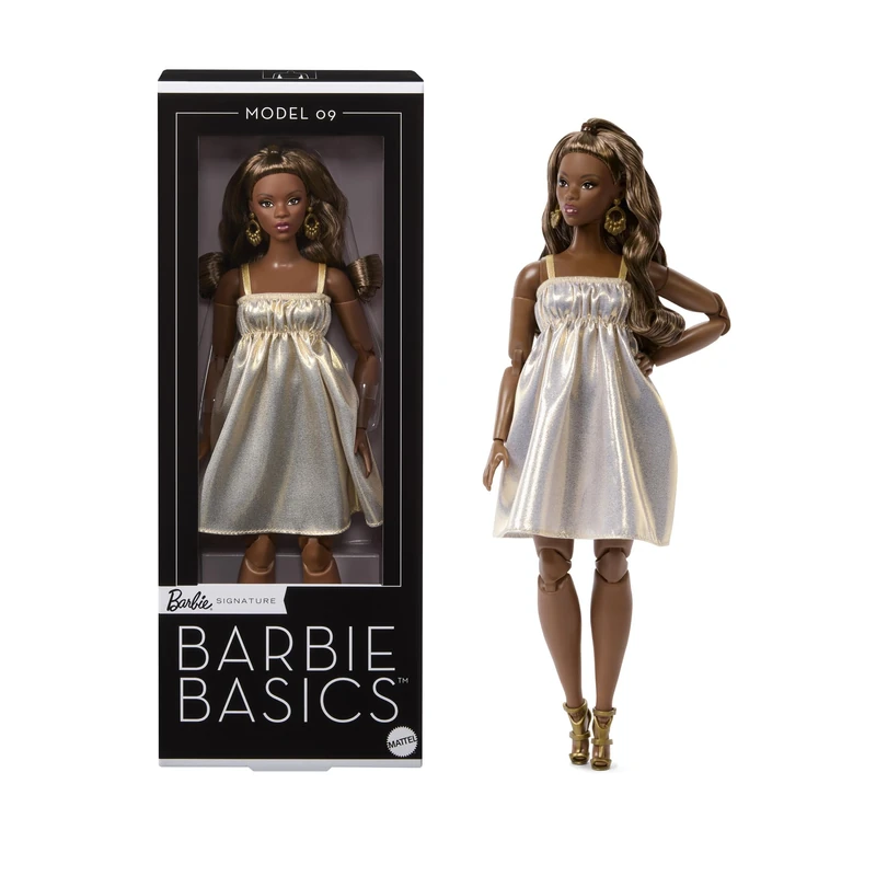 Barbie Basics Model Collector Fashion Doll 09 with Brunette Hair in Golden Dress & Strappy Heels, Universal-fit Fashions & Posable Body, JJX28