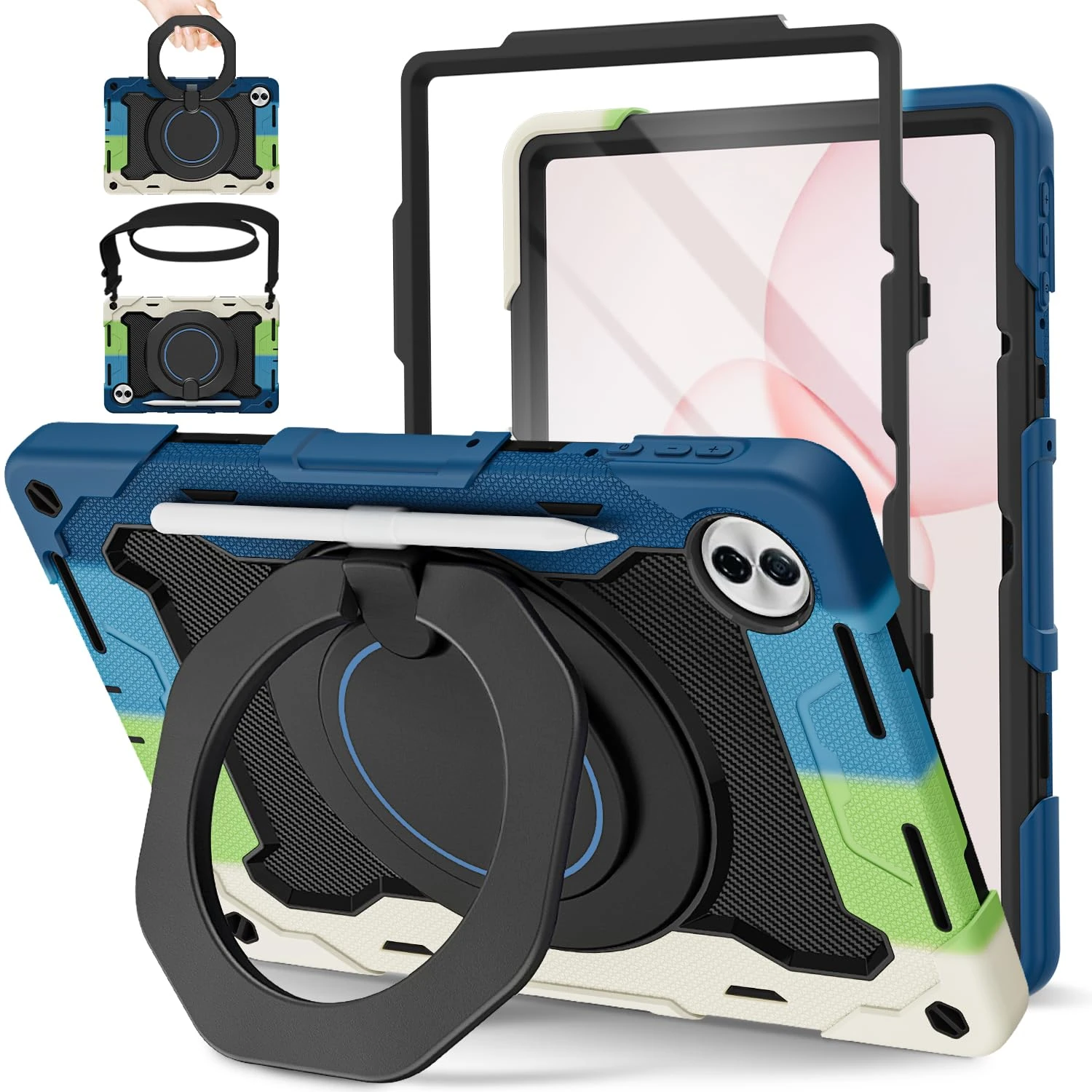 ROISKIN for Honor Pad 10 Case 12.1 Inch 2025 with Screen Protector, 360°Rotating Stand, Shoulder Strap, Heavy Duty Shockproof Kids Cover with Pencil Holder for Honor 10 Tablet Case, Black-Blue