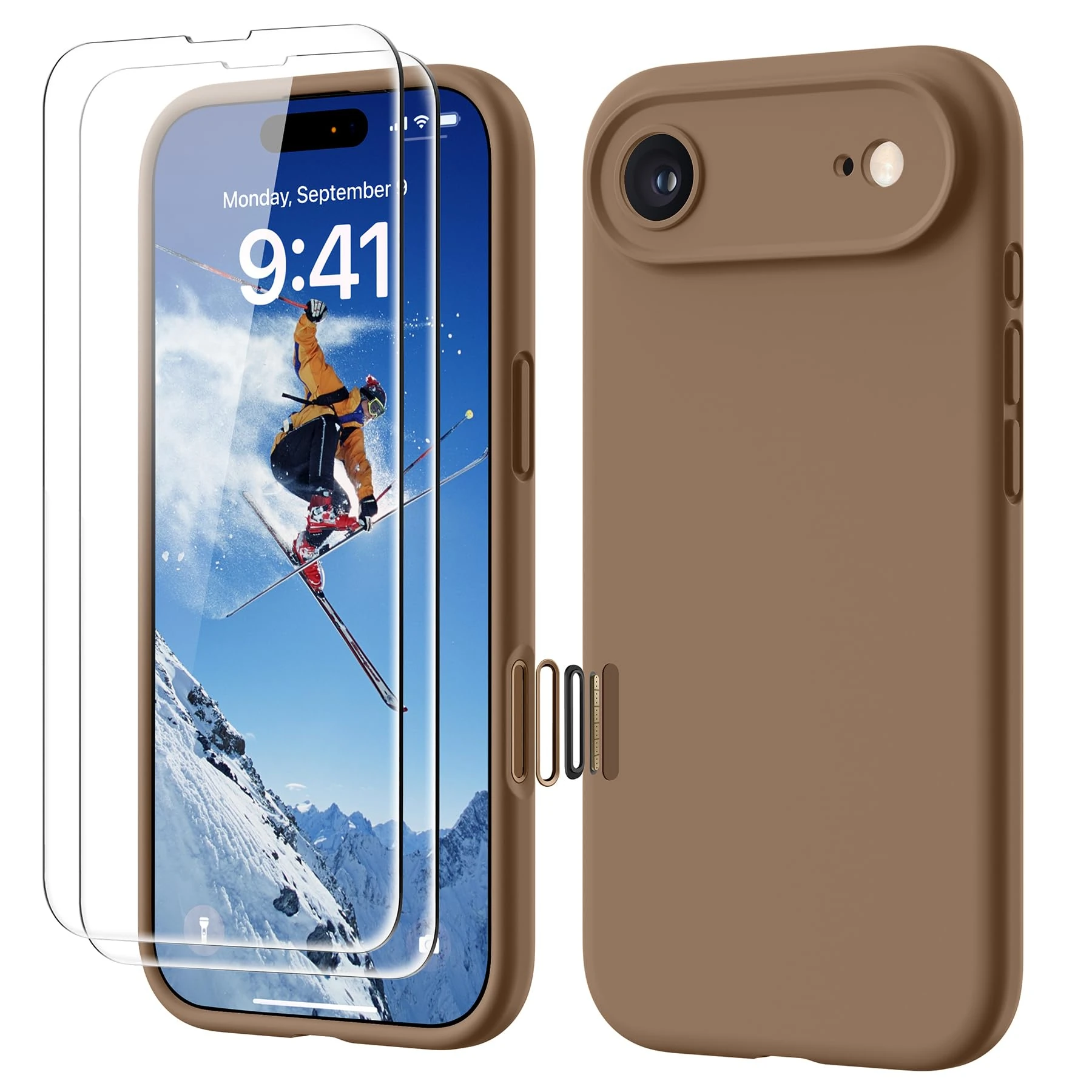 GOODVISH 4 IN 1 for iPhone Air Case, Premium Liquid Silicone with [2X HD Screen Protector + Camera Control Capture Button], Full Lens Protection Cover Soft Microfiber Lining Phone Case, Brown