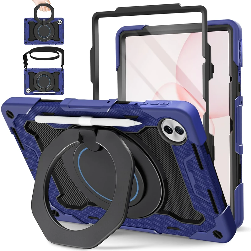 ROISKIN for Honor Pad 10 Case 12.1 Inch 2025 with Screen Protector, 360°Rotating Stand, Shoulder Strap, Heavy Duty Shockproof Kids Cover with Pencil Holder for Honor 10 Tablet Case, Navy Blue