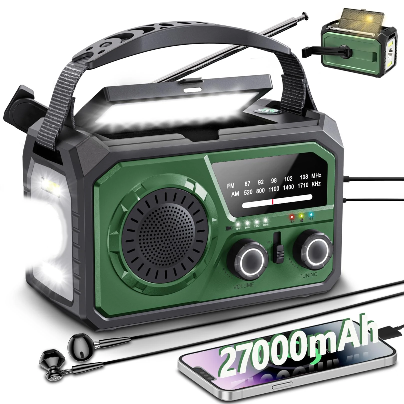 27000mAh Wind Up Radio Solar Battery Torch, Emergency Crank Radio, with Power Bank, IPX4 Waterproof, AM/FM Radio, SOS Alarm, Flashlight & Cell Phone Charger for Camping, UK Power Cuts-Army Green