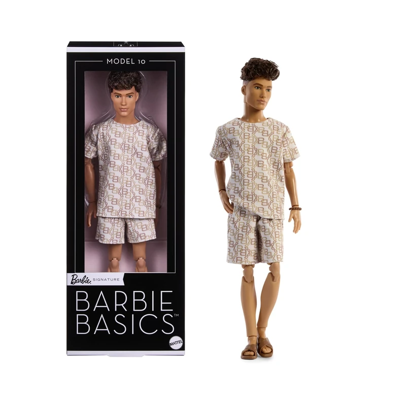 Barbie Basics Model Collector Ken Fashion Doll 10 with Brunette Hair in Shirt & Shorts with Matching Print, Universal-fit Fashions & Posable Body, JJX29