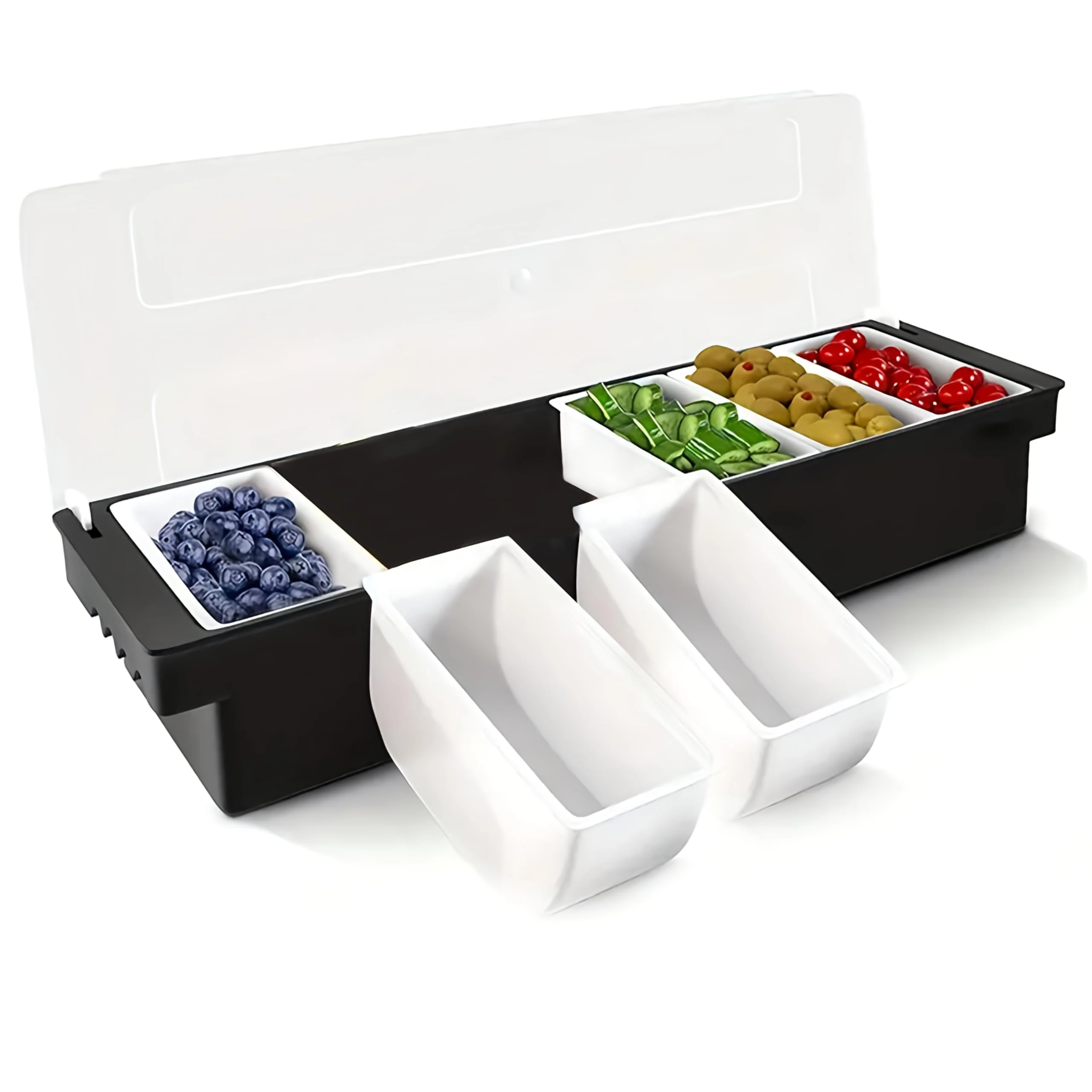 MEETOZ 6 Compartment Trays Detachable Topping Station, Fruit Veggie & Condiment Garnish Station with Lid for Pizza, Salad Bar, Bartending, Ice Cooled Condiment Serving Container for Home Restaurant