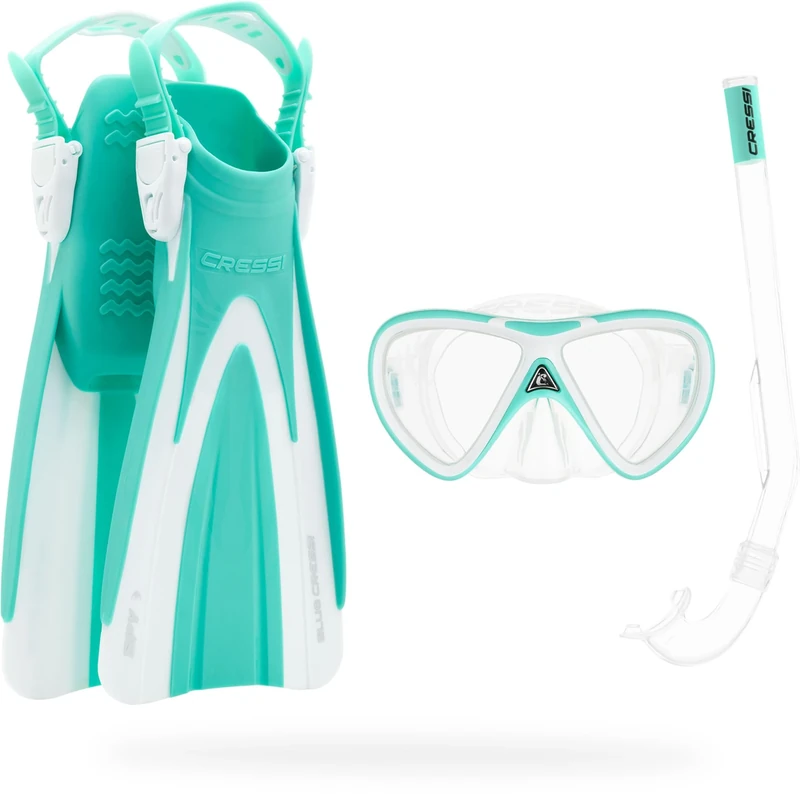 Cressi Seashell Seekers Snorkelling Set for Children with Short Fins, Anti-Fog Tempered Glass Mask and Ergonomic Dry Snorkel for Sea and Pool Use, Aqua Green/White, S/M (2/7 Years)