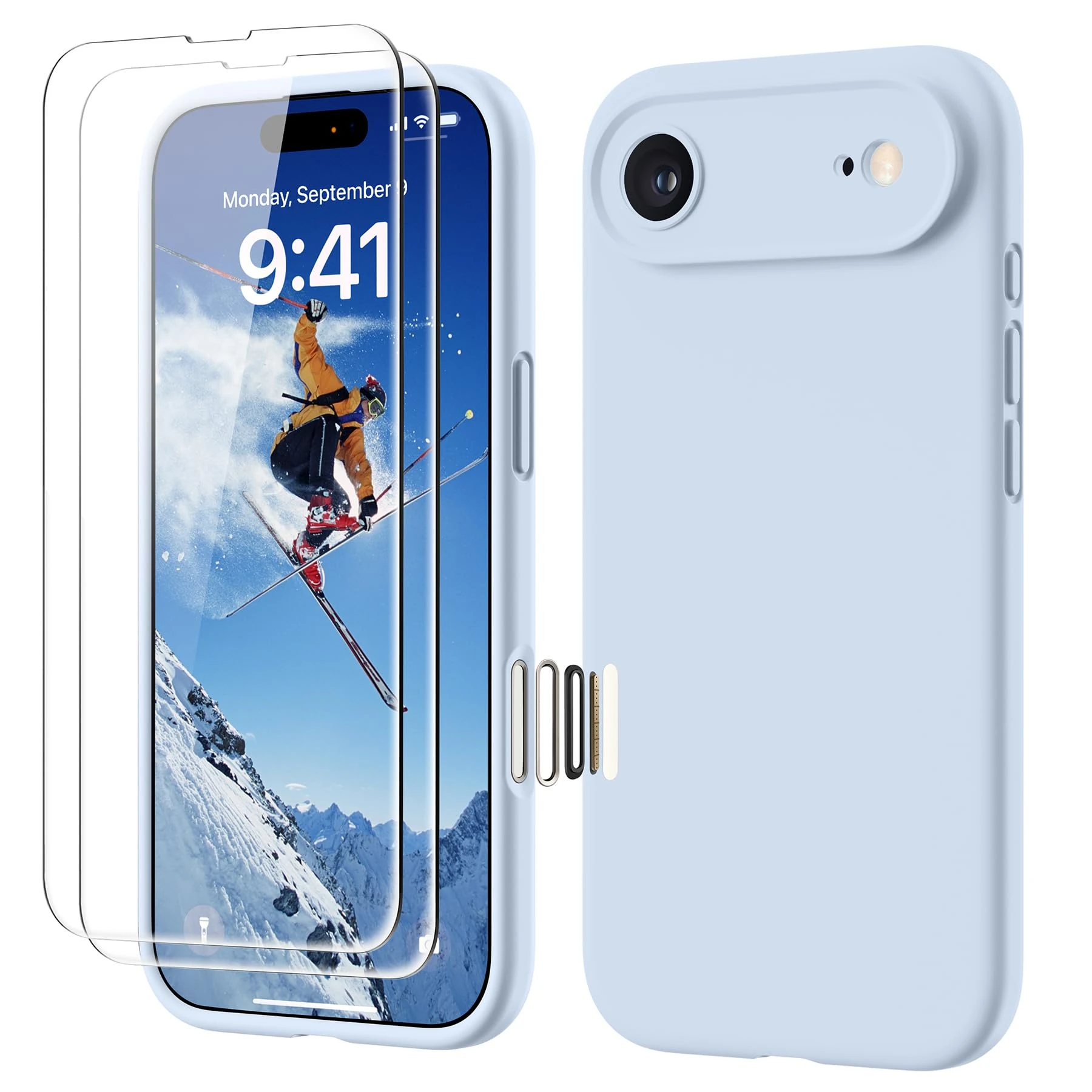 GOODVISH 4 IN 1 for iPhone Air Case, Premium Liquid Silicone with [2X HD Screen Protector + Camera Control Capture Button], Full Lens Protection Cover Soft Microfiber Lining Phone Case, Blue Grey