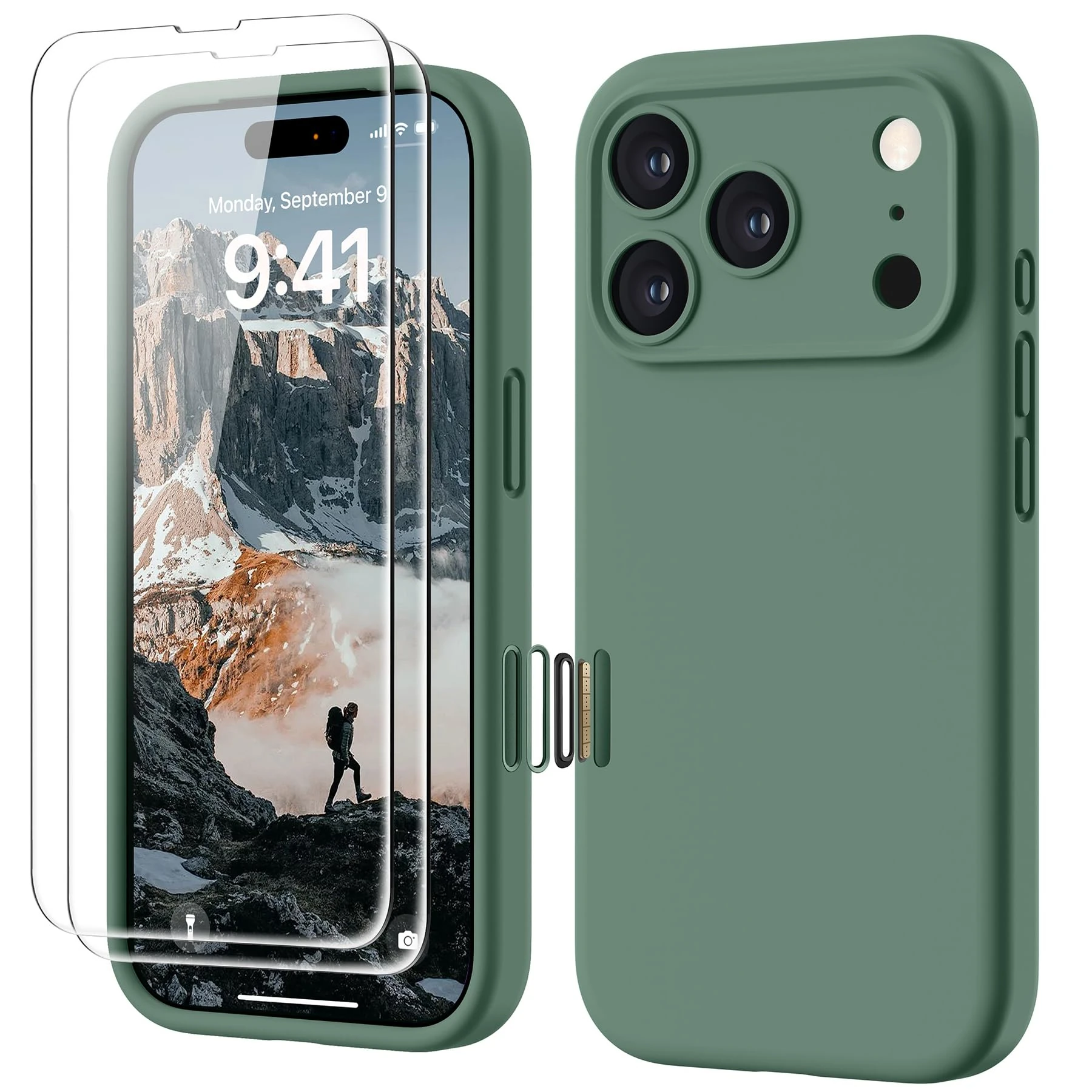 GOODVISH 4 IN 1 for iPhone 17 Pro Case, Premium Liquid Silicone with [2X HD Screen Protector + Camera Control Capture Button], Full Lens Protection Cover Soft Microfiber Lining Phone Case, Pine Green
