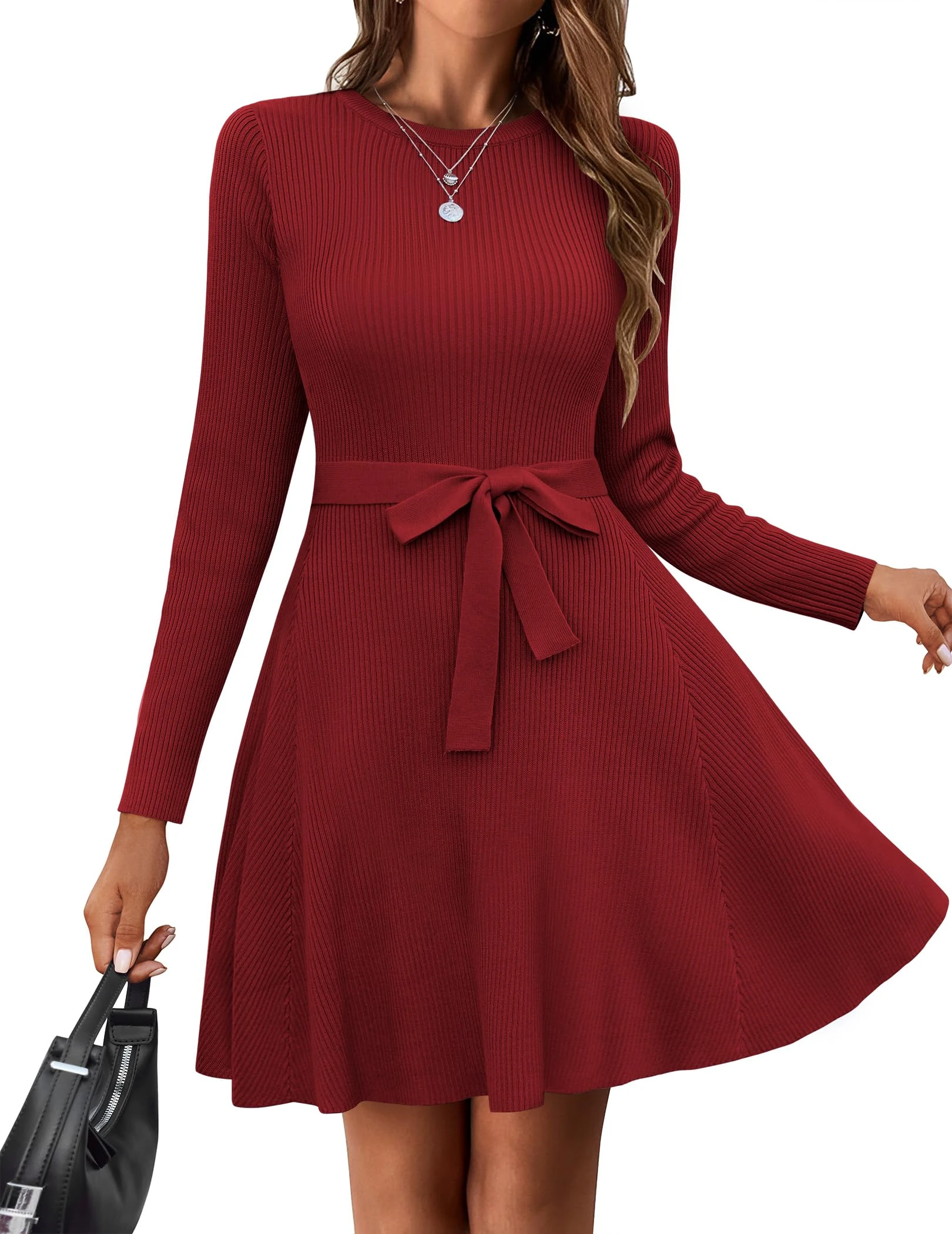 HOTOUCH Dresses for Women UK Long Sleeve Casual Swing Dress Crewneck A-Line Autumn Winter Dress with Belt Red L