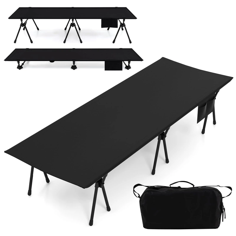 FANTASK Folding Camp Bed, 193 x 70 cm, Camping Bed Height Adjustable up to 150 kg, Camping Bed Foldable with Leg Extensions, Side Pocket & Mesh Pocket, for Camping, Travel