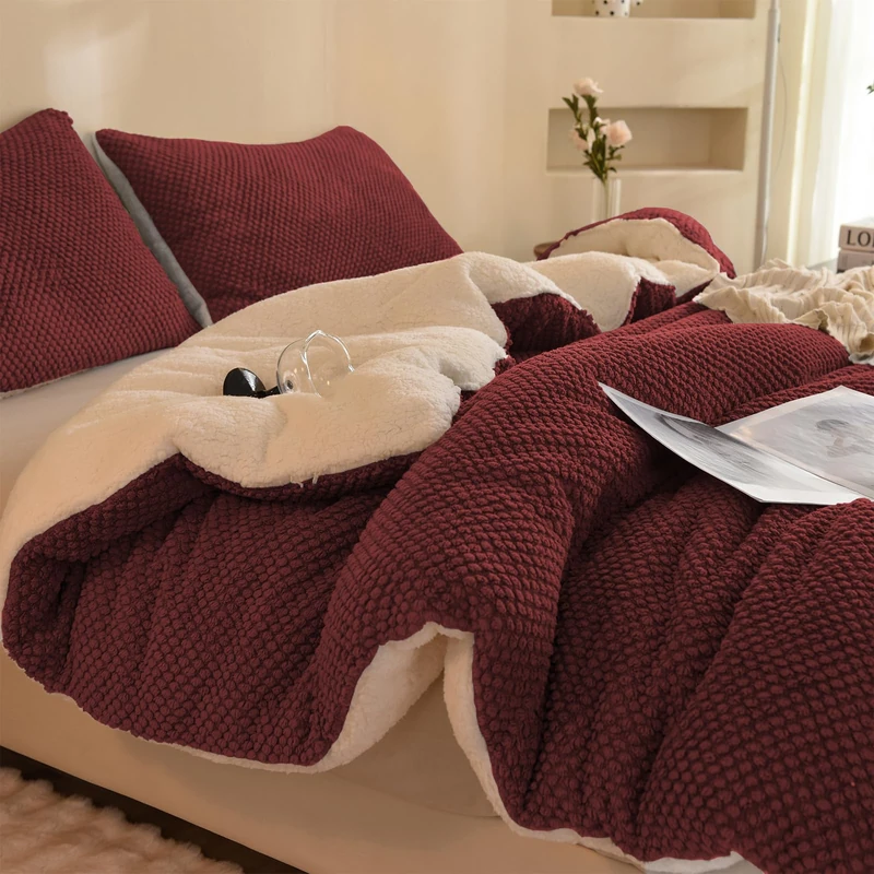 LLanCL 3D Jacquard Design Comforter Set, Ultra-Soft Warm Twin Size Sherpa Fur Plush 2-Pieces Sets Luxury Cozy Bedding with 1 Pillowcase (68"x90", Burgundy)