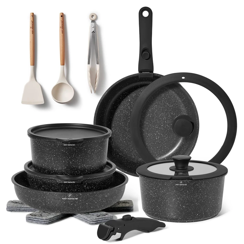 18 Piece Non-Stick Cookware Set - Removable Handle, Induction Ready
